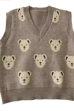Y2K Grunge Bear Sweater Vest - Retro 90s Fashion, Summer Y2K Outfits, Pastel Goth Style