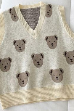 Y2K Grunge Bear Sweater Vest - Retro 90s Fashion, Summer Y2K Outfits, Pastel Goth Style