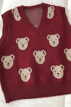Y2K Grunge Bear Sweater Vest - Retro 90s Fashion, Summer Y2K Outfits, Pastel Goth Style