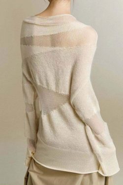 Y2K Grunge Beige Turtleneck Tulle Patchwork Knit Top - Retro 90s Summer & Party Outfit
