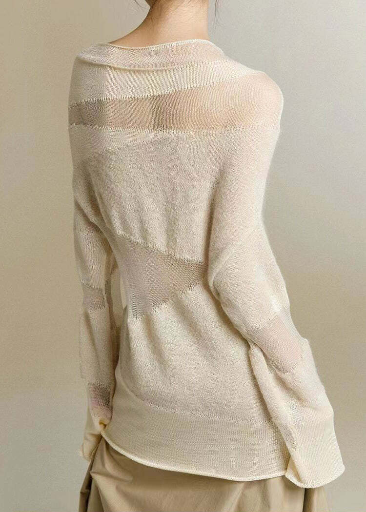 Y2K Grunge Beige Turtleneck Tulle Patchwork Knit Top - Retro 90s Summer & Party Outfit
