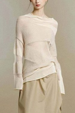 Y2K Grunge Beige Turtleneck Tulle Patchwork Knit Top - Retro 90s Summer & Party Outfit
