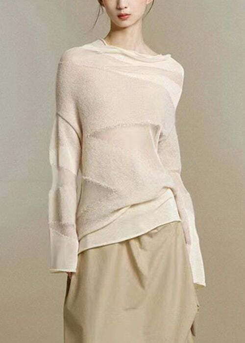 Y2K Grunge Beige Turtleneck Tulle Patchwork Knit Top - Retro 90s Summer & Party Outfit
