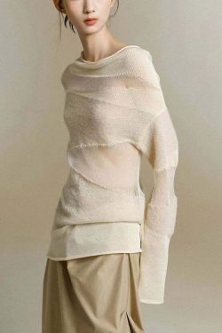 Y2K Grunge Beige Turtleneck Tulle Patchwork Knit Top - Retro 90s Summer & Party Outfit