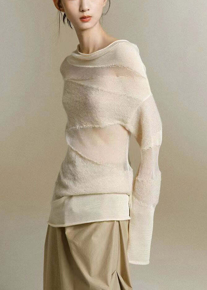 Y2K Grunge Beige Turtleneck Tulle Patchwork Knit Top - Retro 90s Summer & Party Outfit