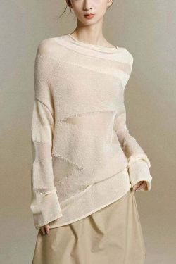 Y2K Grunge Beige Turtleneck Tulle Patchwork Knit Top - Retro 90s Summer & Party Outfit