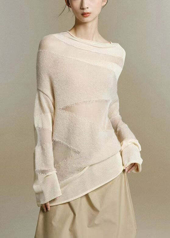 Y2K Grunge Beige Turtleneck Tulle Patchwork Knit Top - Retro 90s Summer & Party Outfit
