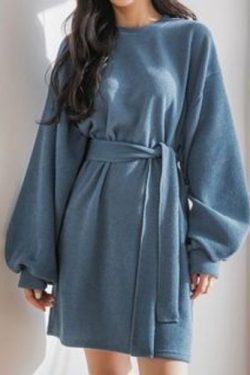 Y2K Grunge Bishop-Sleeve Knit Dress with Sash - Retro 90s Summer Party Outfit