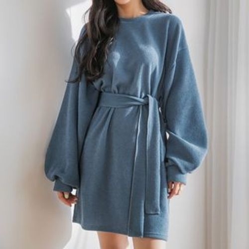Y2K Grunge Bishop-Sleeve Knit Dress with Sash - Retro 90s Summer Party Outfit