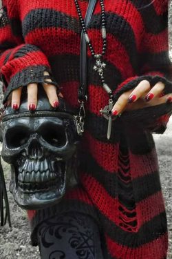 Y2K Grunge Black & Red Striped Distressed Knit Sweater - Gothic 90s Retro Fashion