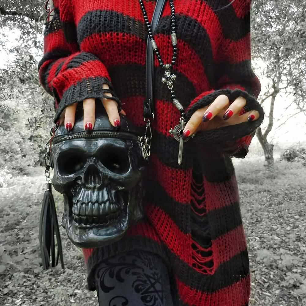 Y2K Grunge Black & Red Striped Distressed Knit Sweater - Gothic 90s Retro Fashion