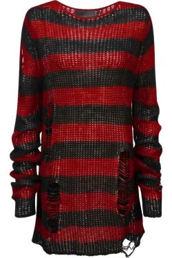 Y2K Grunge Black & Red Striped Distressed Knit Sweater - Gothic 90s Retro Fashion