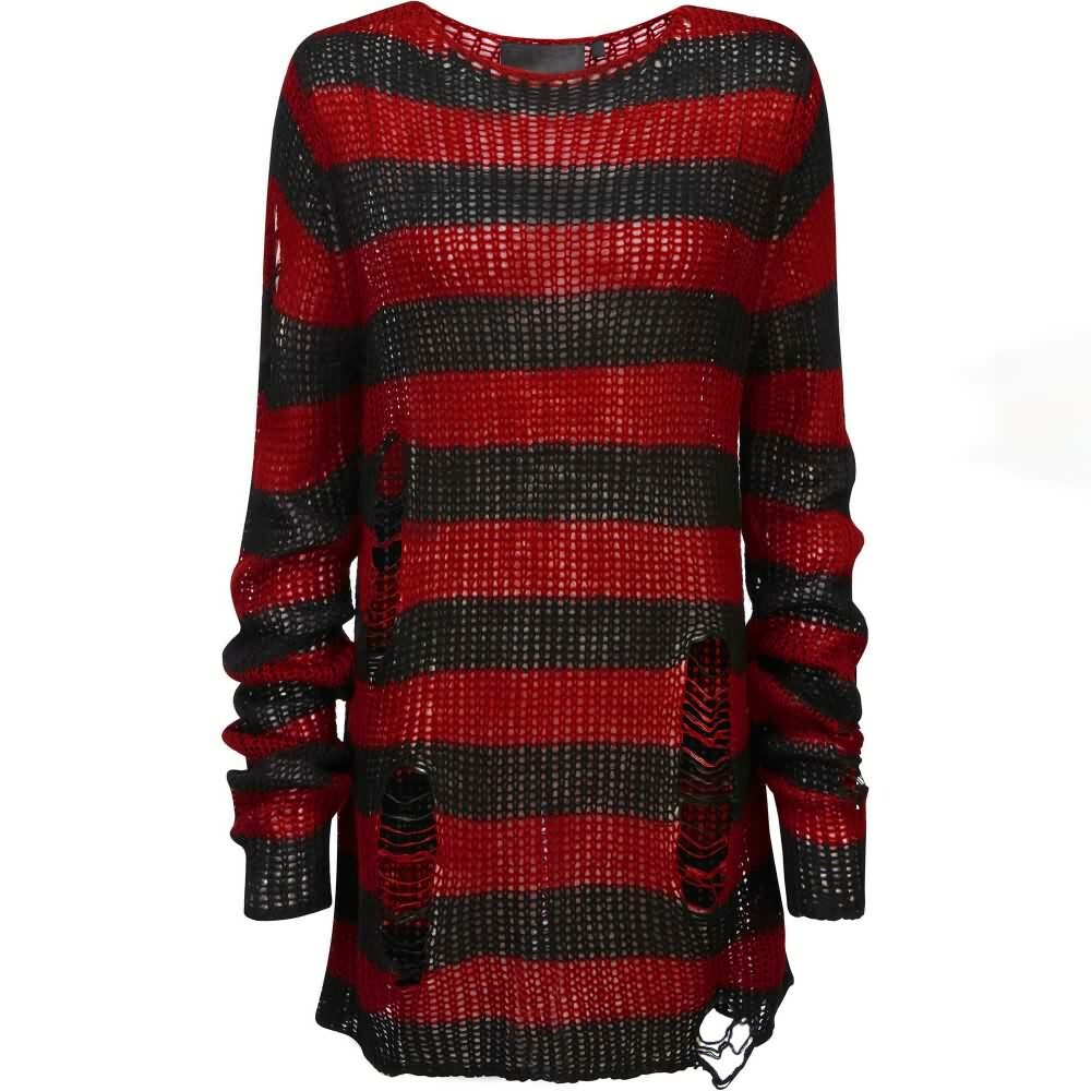 Y2K Grunge Black & Red Striped Distressed Knit Sweater - Gothic 90s Retro Fashion