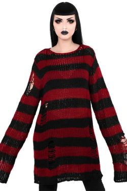 Y2K Grunge Black & Red Striped Distressed Knit Sweater - Gothic 90s Retro Fashion