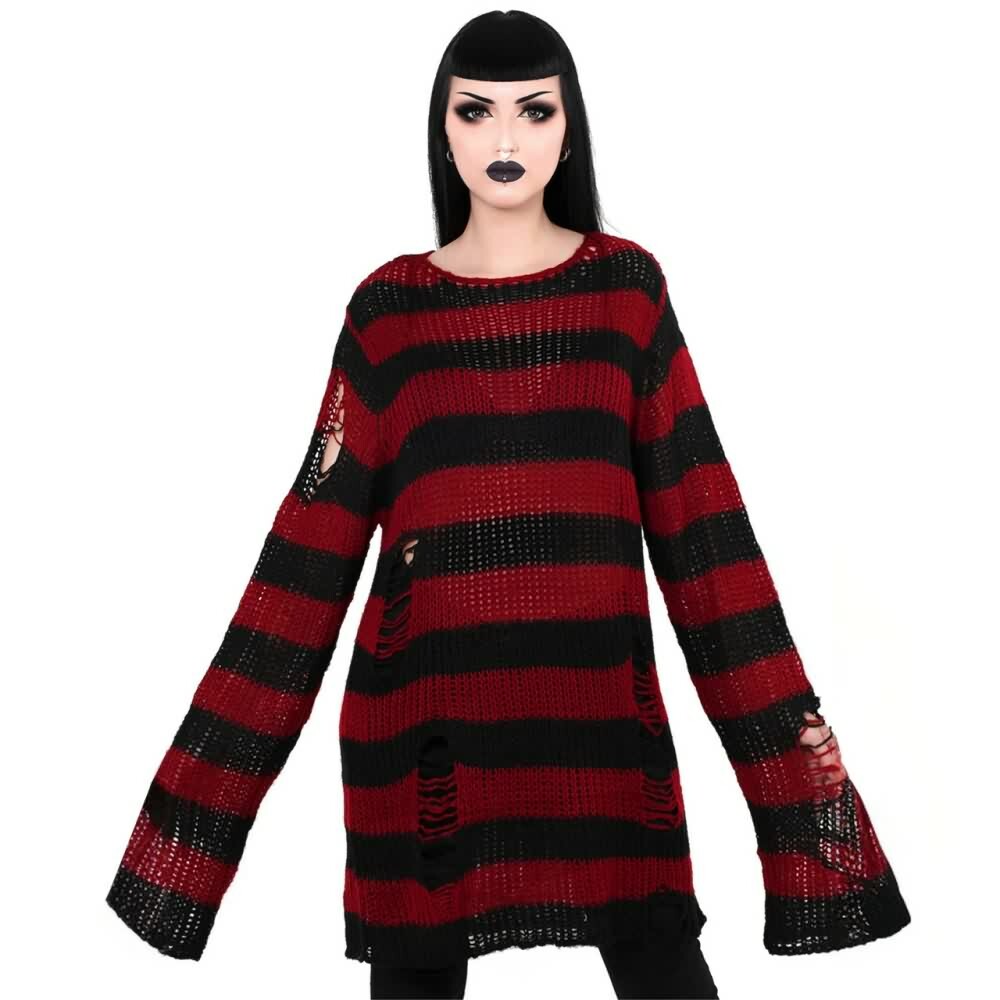 Y2K Grunge Black & Red Striped Distressed Knit Sweater - Gothic 90s Retro Fashion