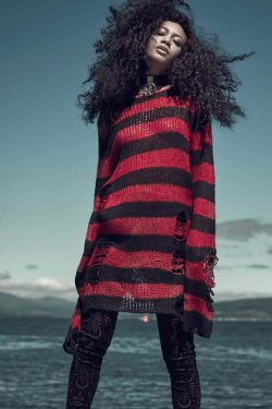 Y2K Grunge Black & Red Striped Distressed Knit Sweater - Gothic 90s Retro Fashion