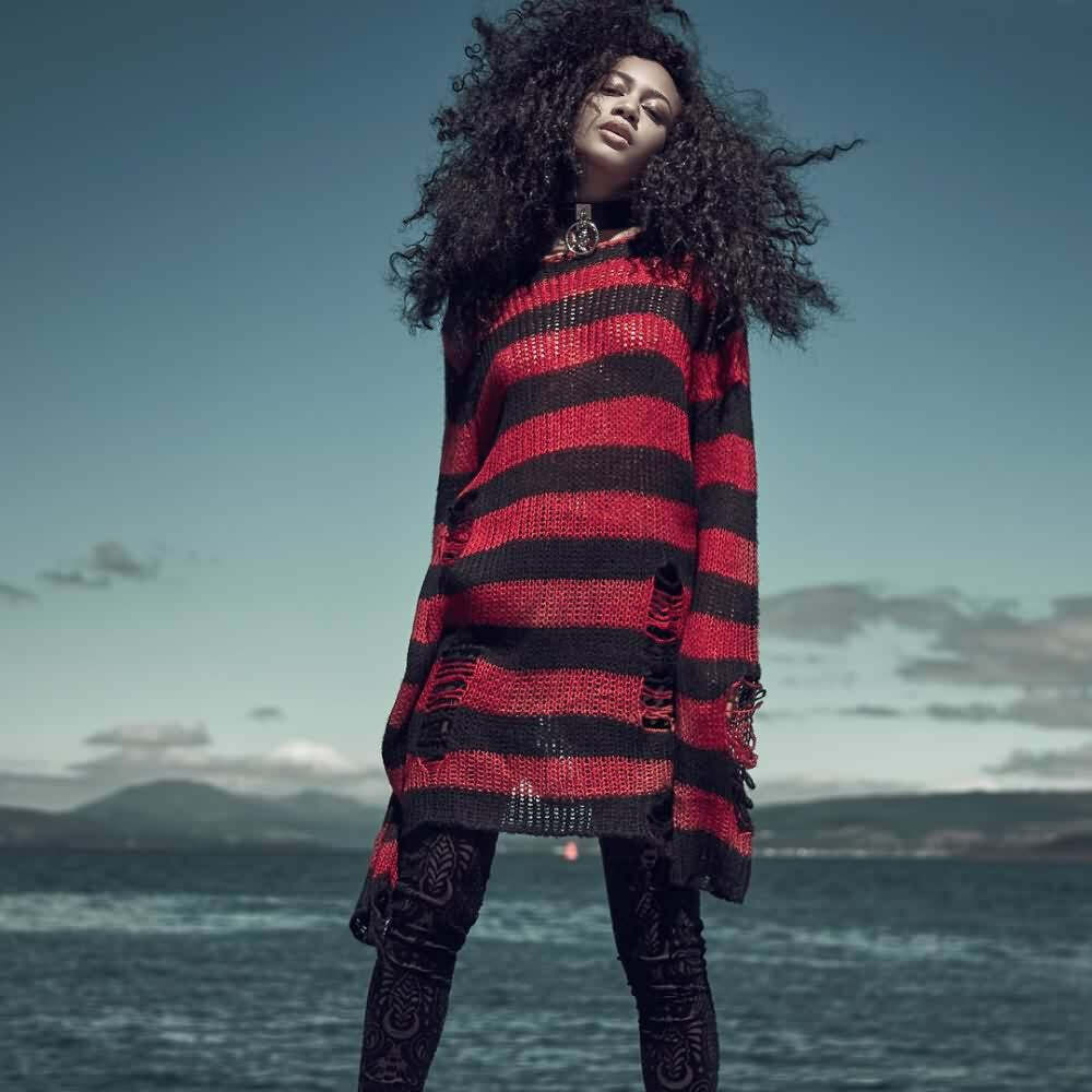 Y2K Grunge Black & Red Striped Distressed Knit Sweater - Gothic 90s Retro Fashion