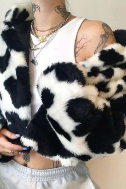 Y2K Grunge Black & White Faux Fur Jacket - Retro 90s Fashion, Y2K Outfits, Pastel Goth Style