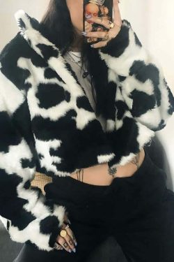 Y2K Grunge Black & White Faux Fur Jacket - Retro 90s Fashion, Y2K Outfits, Pastel Goth Style