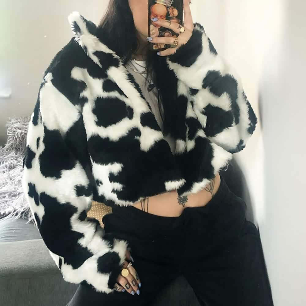 Y2K Grunge Black & White Faux Fur Jacket - Retro 90s Fashion, Y2K Outfits, Pastel Goth Style