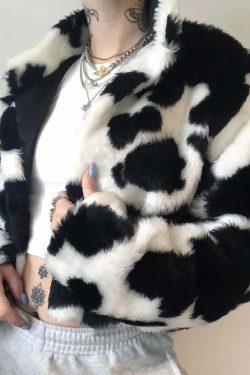 Y2K Grunge Black & White Faux Fur Jacket - Retro 90s Fashion, Y2K Outfits, Pastel Goth Style