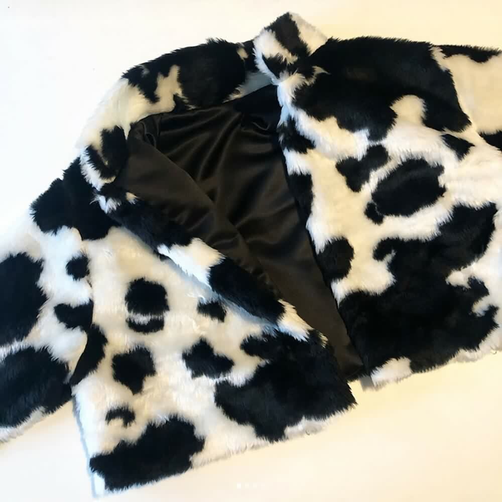 Y2K Grunge Black & White Faux Fur Jacket - Retro 90s Fashion, Y2K Outfits, Pastel Goth Style