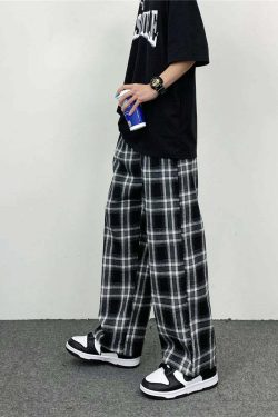 Y2K Grunge Black & White Plaid Oversize Pants - 90s Retro Summer Outfit for Women