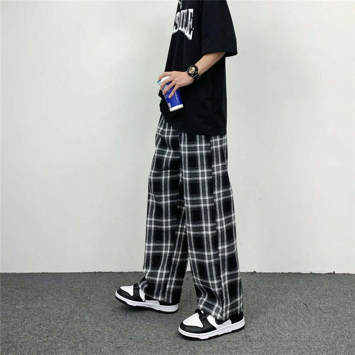 Y2K Grunge Black & White Plaid Oversize Pants - 90s Retro Summer Outfit for Women