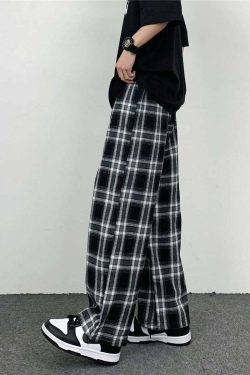 Y2K Grunge Black & White Plaid Oversize Pants - 90s Retro Summer Outfit for Women
