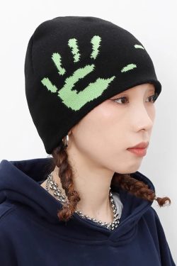 Y2K Grunge Black and Green Beanie - Retro 90s Fashion, Gothic Y2K, Pastel Goth Style