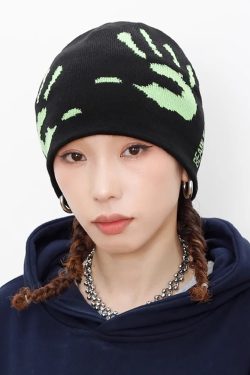 Y2K Grunge Black and Green Beanie - Retro 90s Fashion, Gothic Y2K, Pastel Goth Style