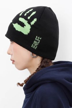 Y2K Grunge Black and Green Beanie - Retro 90s Fashion, Gothic Y2K, Pastel Goth Style