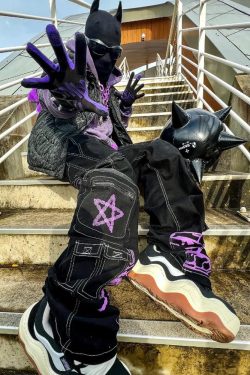 Y2K Grunge Black and Purple Cargo Pants - 90s Retro, Summer Outfits, Y2K Fashion