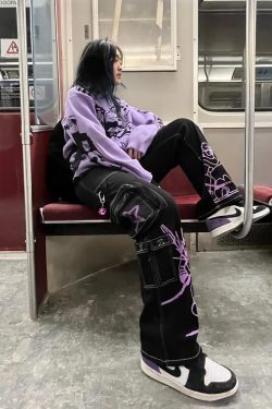 Y2K Grunge Black and Purple Cargo Pants - 90s Retro, Summer Outfits, Y2K Fashion