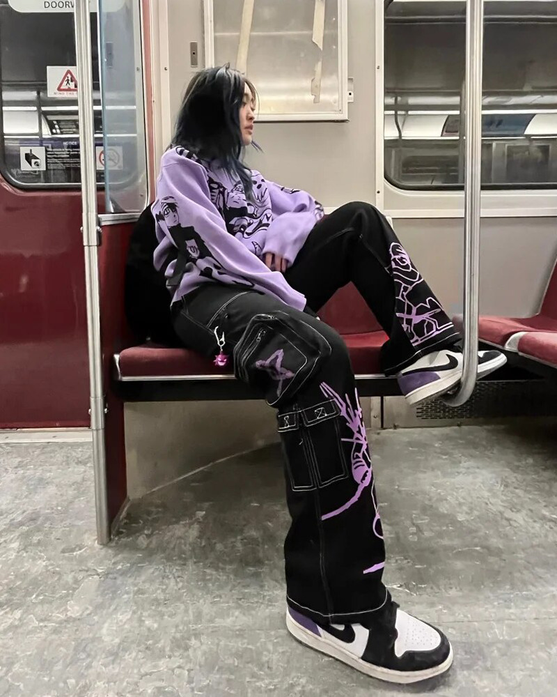 Y2K Grunge Black and Purple Cargo Pants - 90s Retro, Summer Outfits, Y2K Fashion