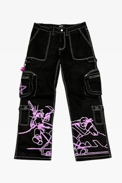 Y2K Grunge Black and Purple Cargo Pants - 90s Retro, Summer Outfits, Y2K Fashion