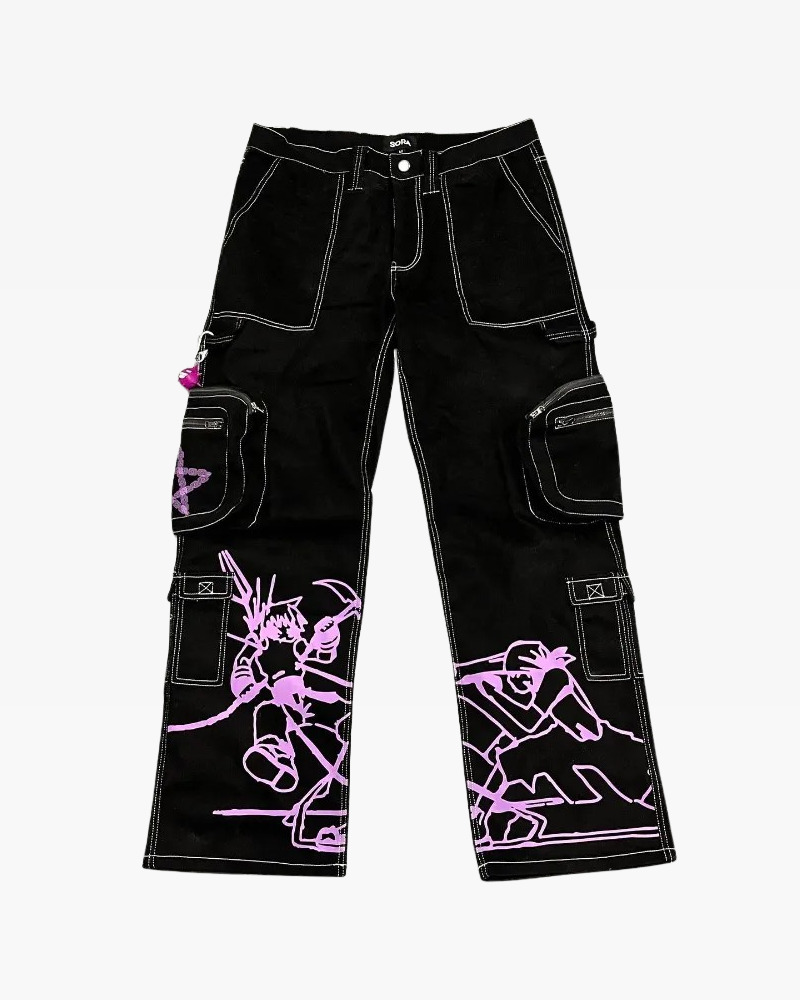 Y2K Grunge Black and Purple Cargo Pants - 90s Retro, Summer Outfits, Y2K Fashion