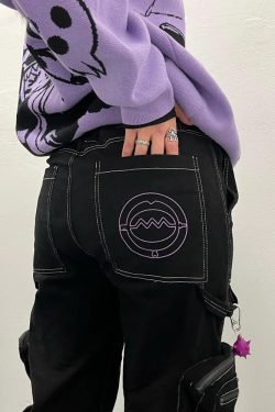 Y2K Grunge Black and Purple Cargo Pants - 90s Retro, Summer Outfits, Y2K Fashion