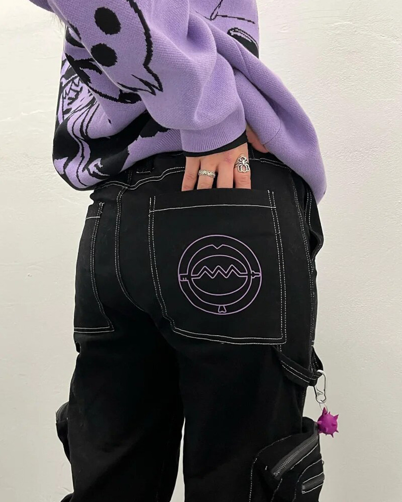 Y2K Grunge Black and Purple Cargo Pants - 90s Retro, Summer Outfits, Y2K Fashion