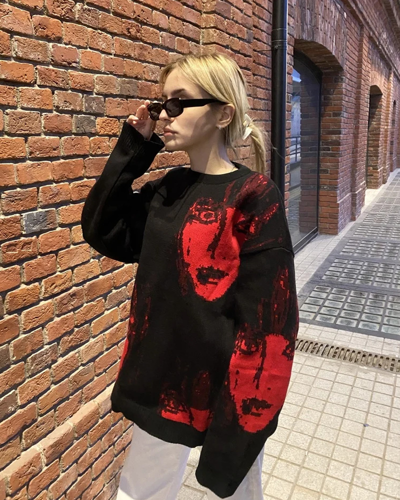 Y2K Grunge Black and Red Sweater - 90s Fashion, Retro Style, Gothic Y2K, Y2K Outfits