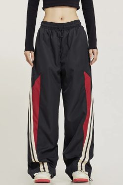 Y2K Grunge Black and Red Track Pants - 90s Retro Style, Summer Y2K Outfits, Gothic Y2K