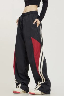 Y2K Grunge Black and Red Track Pants - 90s Retro Style, Summer Y2K Outfits, Gothic Y2K