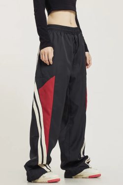 Y2K Grunge Black and Red Track Pants - 90s Retro Style, Summer Y2K Outfits, Gothic Y2K