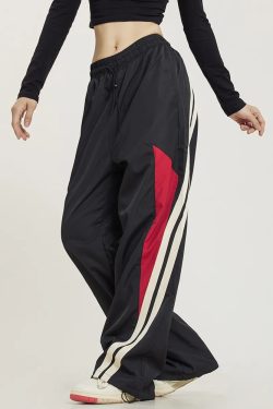 Y2K Grunge Black and Red Track Pants - 90s Retro Style, Summer Y2K Outfits, Gothic Y2K