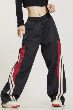 Y2K Grunge Black and Red Track Pants - 90s Retro Style, Summer Y2K Outfits, Gothic Y2K