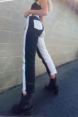 Y2K Grunge Black and White Jeans - 90s Retro Fashion, Summer Y2K Outfits, Gothic Y2K Style