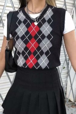 Y2K Grunge Black Argyle Vest - Retro 90s Fashion, Summer Outfits, and Pastel Goth Style