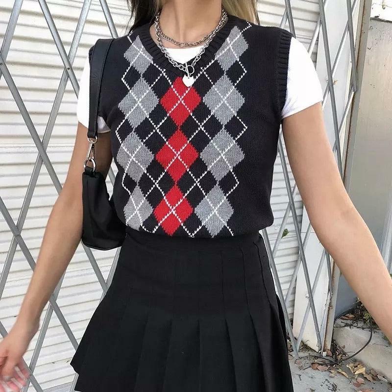 Y2K Grunge Black Argyle Vest - Retro 90s Fashion, Summer Outfits, and Pastel Goth Style