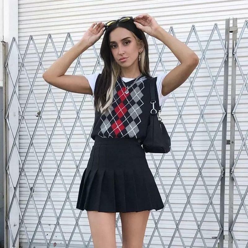 Y2K Grunge Black Argyle Vest - Retro 90s Fashion, Summer Outfits, and Pastel Goth Style