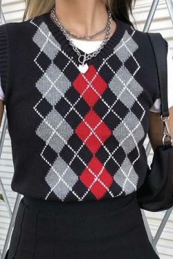 Y2K Grunge Black Argyle Vest - Retro 90s Fashion, Summer Outfits, and Pastel Goth Style
